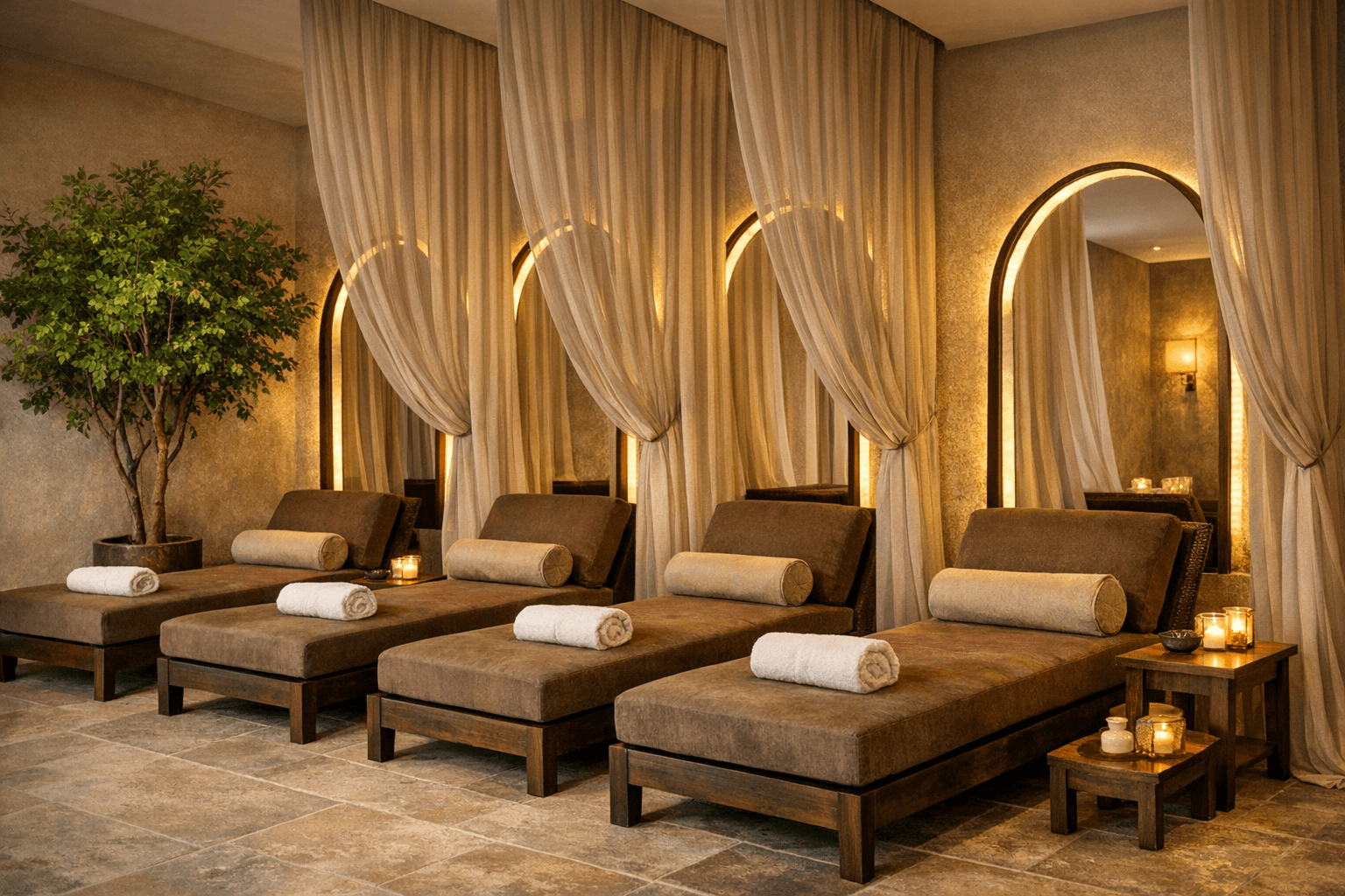 Spa setting with brown chaises, taupe curtains, green tree, and arched mirrors with warm lighting