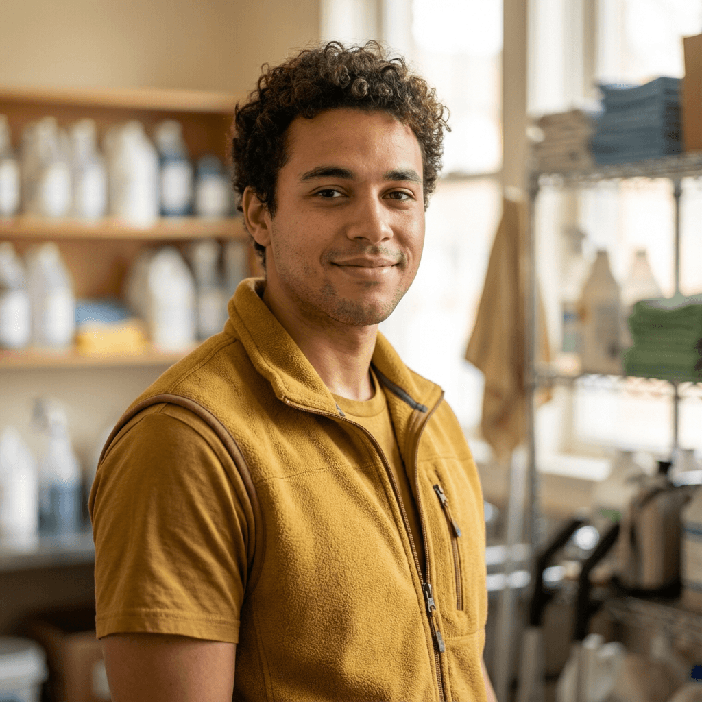 Michael T., a young man with a bright smile in his kitchen