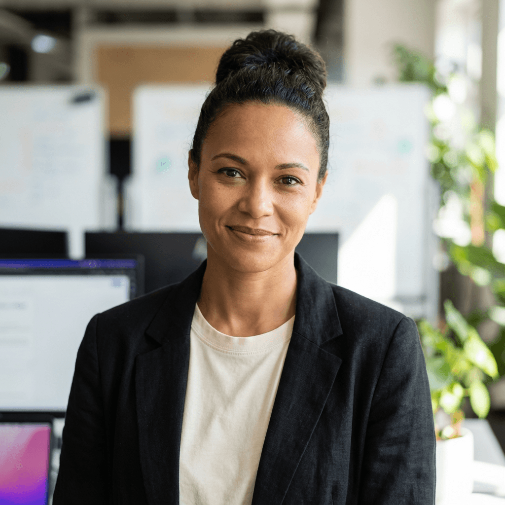 Amara Okafor, a researcher, smiling softly in a bright office setting
