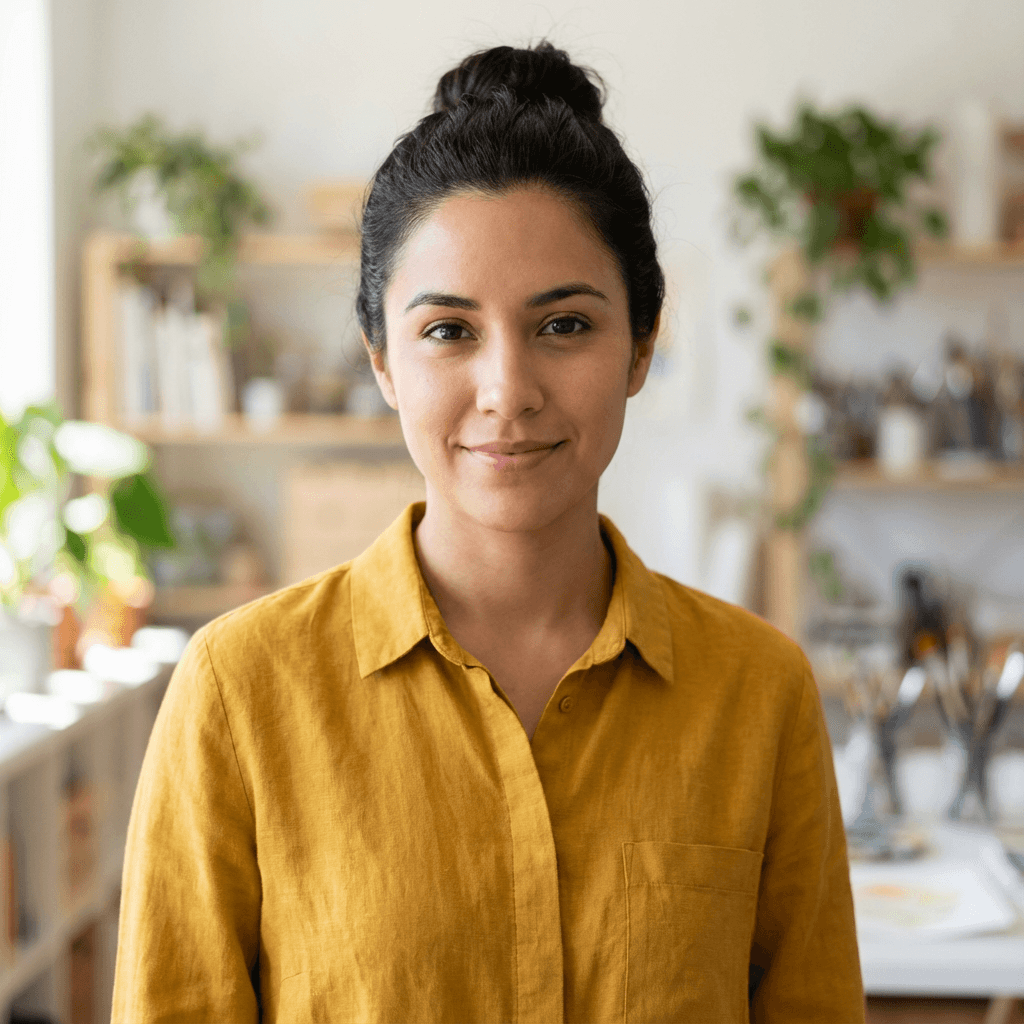 Elena Rodriguez, a boutique owner, smiling in her shop near downtown Durham