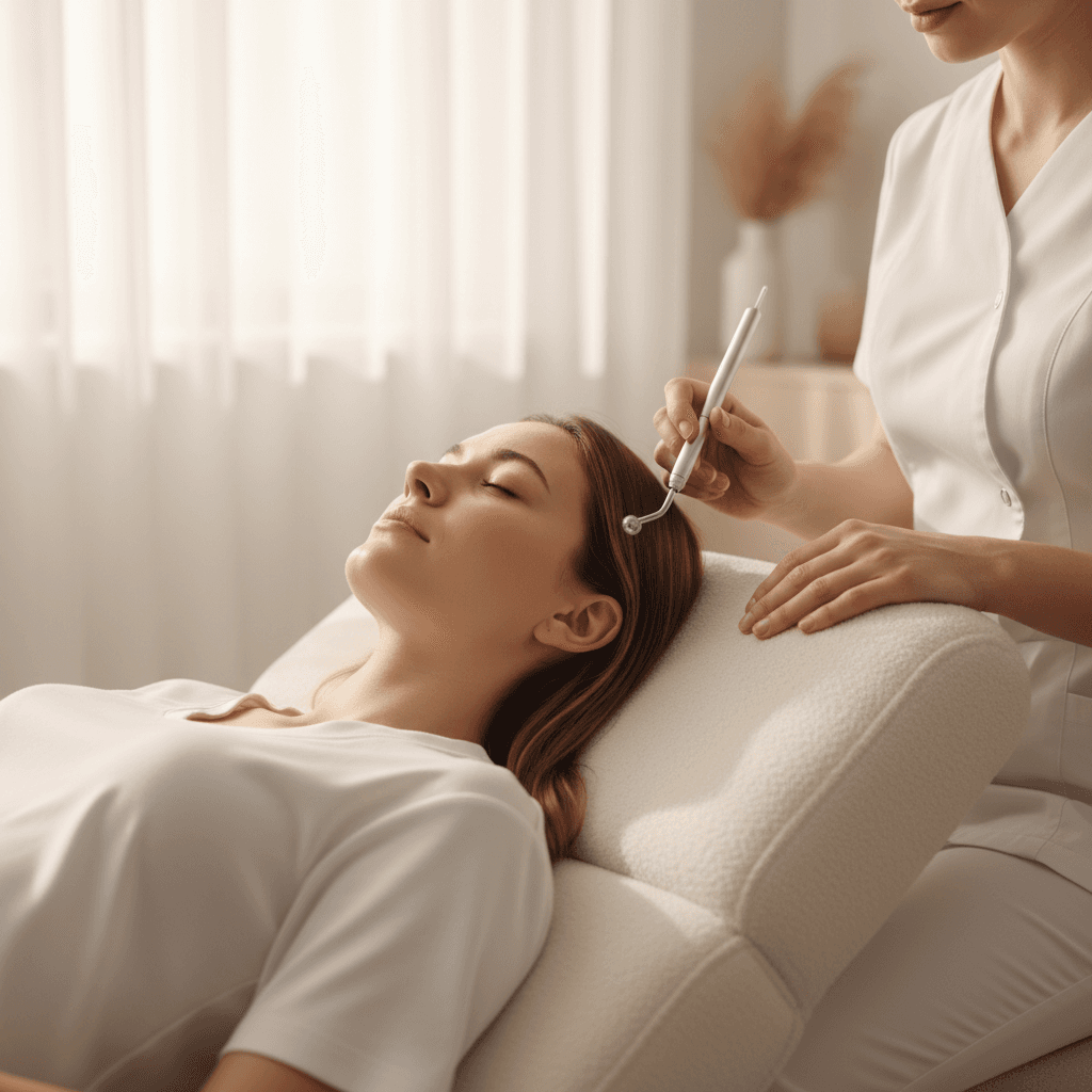 Person relaxing in a plush chaise during a whitening session