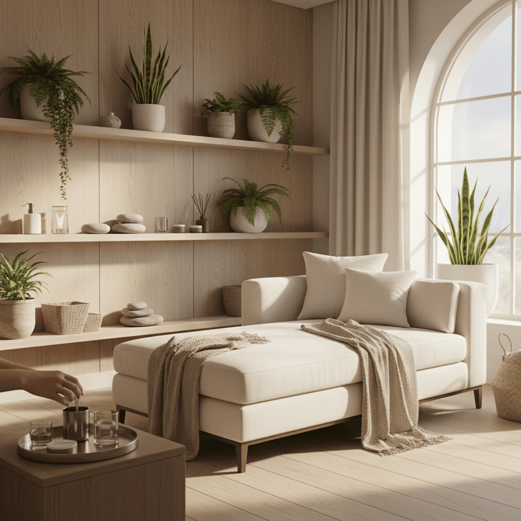 Serene spa treatment room with a white chaise lounge