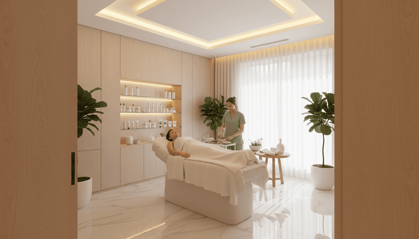 Modern teeth whitening spa interior with plush chaises and soft lighting