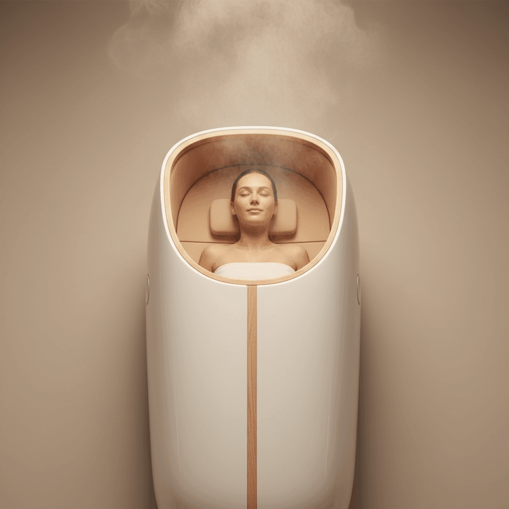 Client lying peacefully in portable sauna with steam rising, eyes closed in relaxation and therapeutic recovery