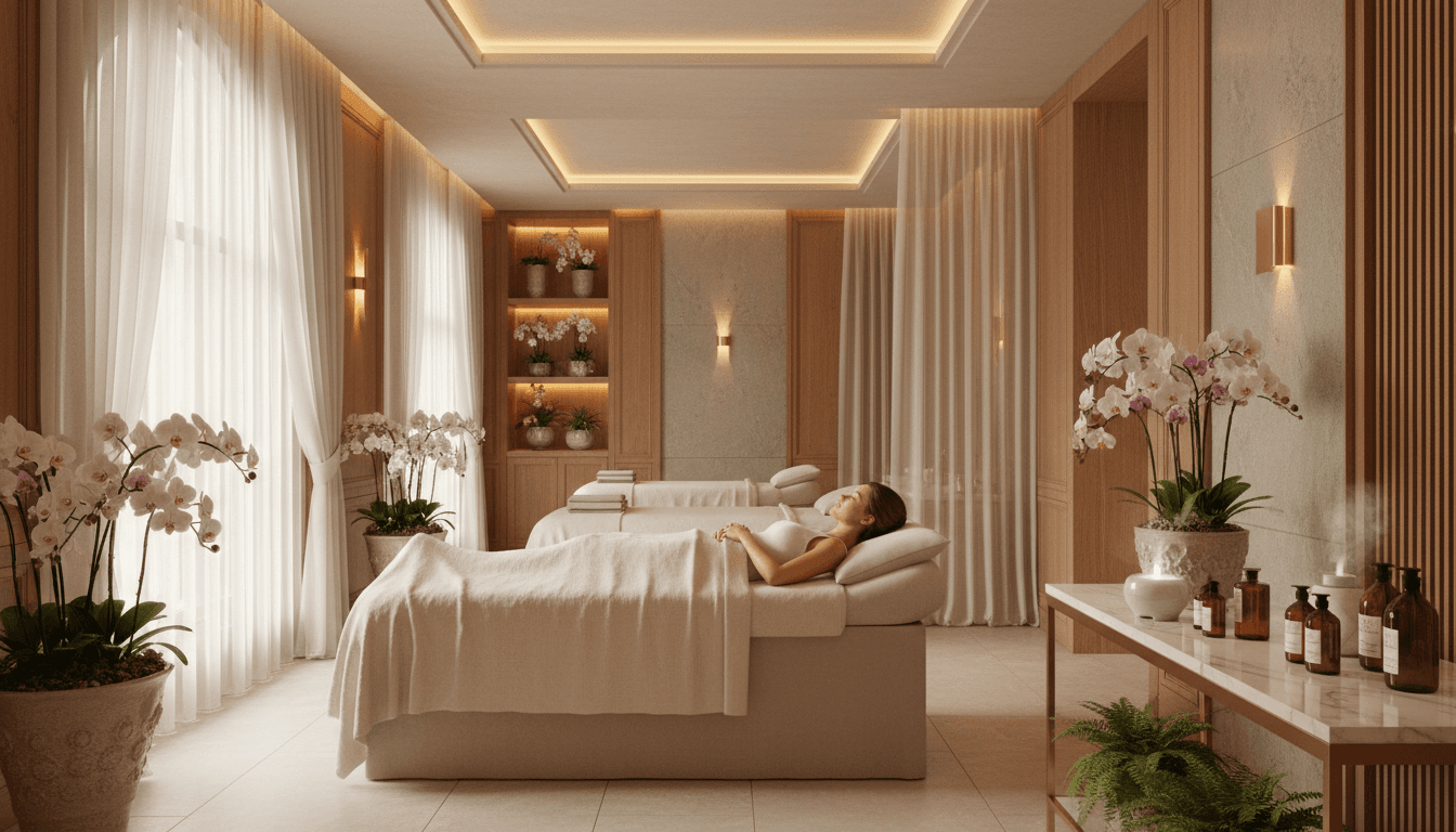 Woman relaxing on a plush chaise lounge in a serene spa setting