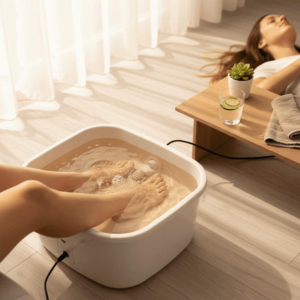 Person relaxing with feet immersed in ionic foot bath device during evening wellness routine with warm natural lighting